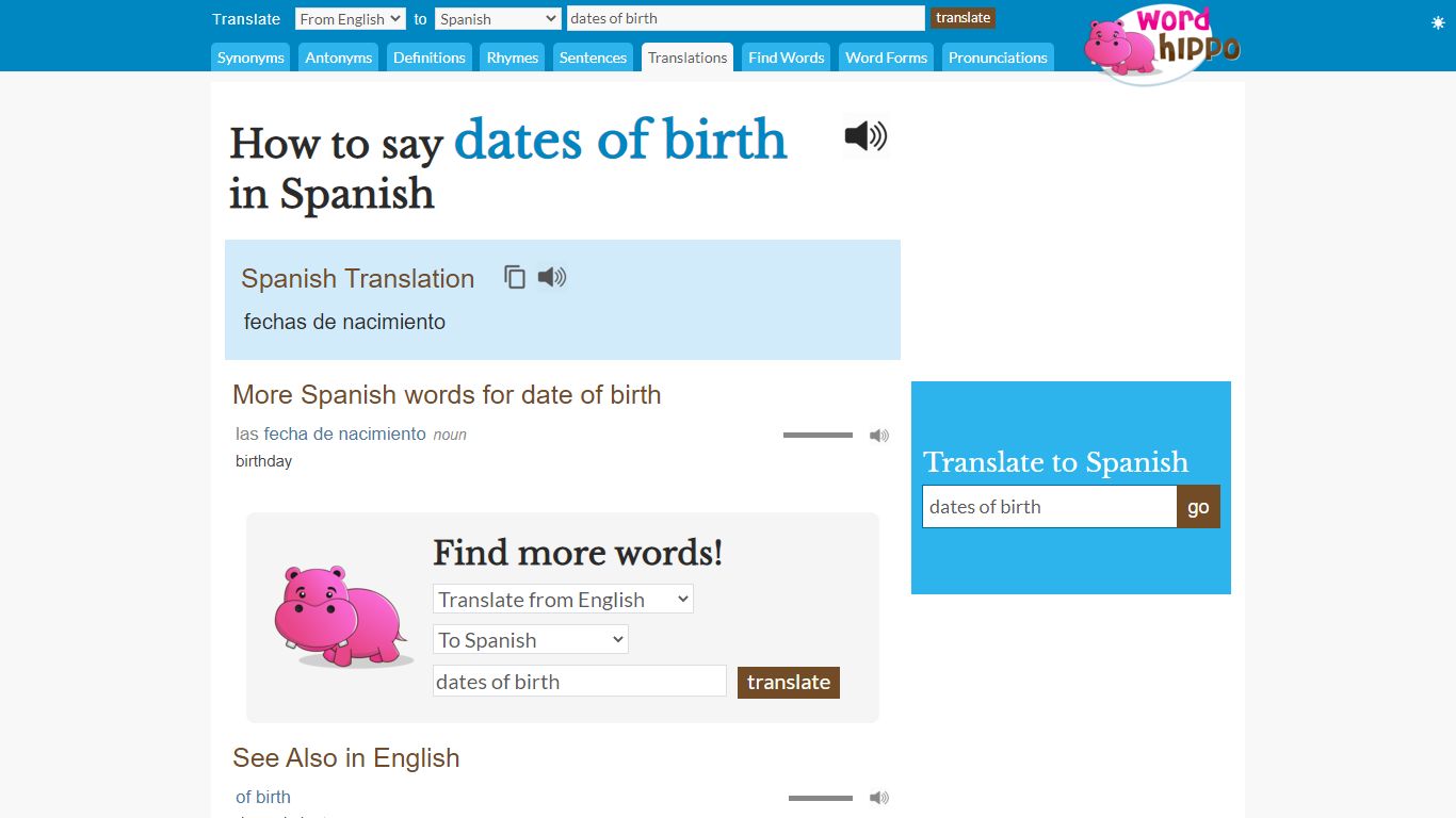 How to say "dates of birth" in Spanish - WordHippo